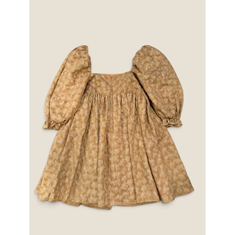 Storia Tan Floral Fall Jacquard Puff Sleeve Babydoll Mini Dress Square Small - Picture 5 of 5